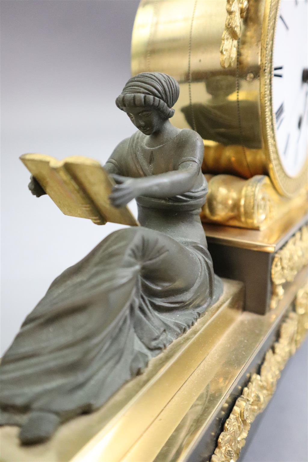 Thos. Hawley, 75 Strand, London. A Regency bronze and ormolu mantel timepiece, width 14.5in. depth 3in. height 12in.